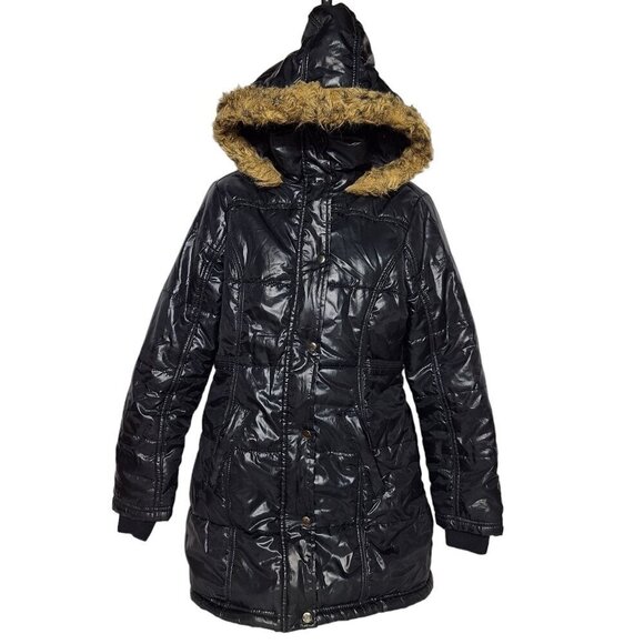 Last Kiss Black Shiny Quilted Puffer Coat Medium Faux Fur - Picture 1 of 5